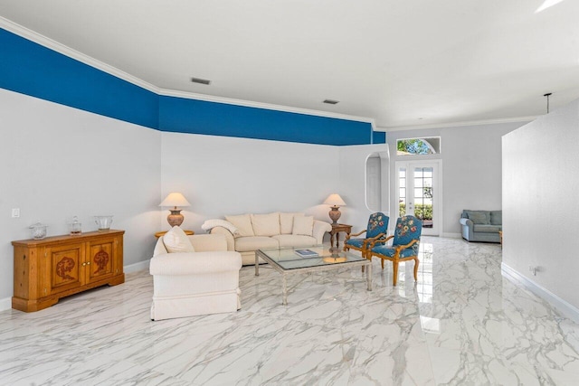 living room featuring visible vents, crown molding, baseboards, french doors, and marble finish floor