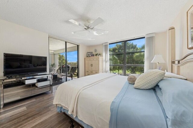 6562 Boca Del Mar Dr Unit 321, Boca Raton, FL 33433 - bedroom featuring access to outside, expansive windows, a textured ceiling, dark wood-style floors, and ceiling fan