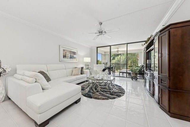 6562 Boca Del Mar Dr Unit 321, Boca Raton, FL 33433 - living room featuring a wall of windows, crown molding, light tile patterned floors, and a ceiling fan
