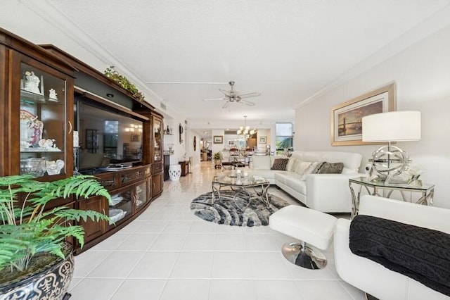 6562 Boca Del Mar Dr Unit 321, Boca Raton, FL 33433 - living room featuring tile patterned flooring, ceiling fan with notable chandelier, and crown molding