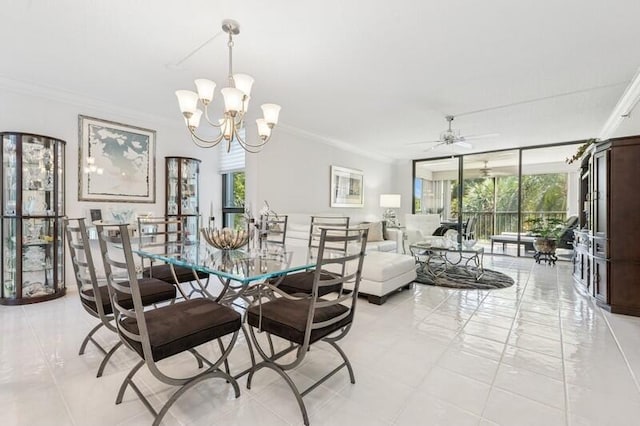 6562 Boca Del Mar Dr Unit 321, Boca Raton, FL 33433 - dining room featuring plenty of natural light, floor to ceiling windows, crown molding, and ceiling fan with notable chandelier