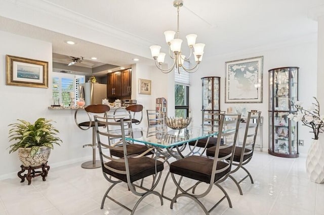 6562 Boca Del Mar Dr Unit 321, Boca Raton, FL 33433 - dining space with a notable chandelier, ornamental molding, recessed lighting, light tile patterned flooring, and baseboards
