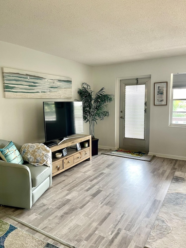 living area with a textured ceiling, baseboards, and wood finished floors