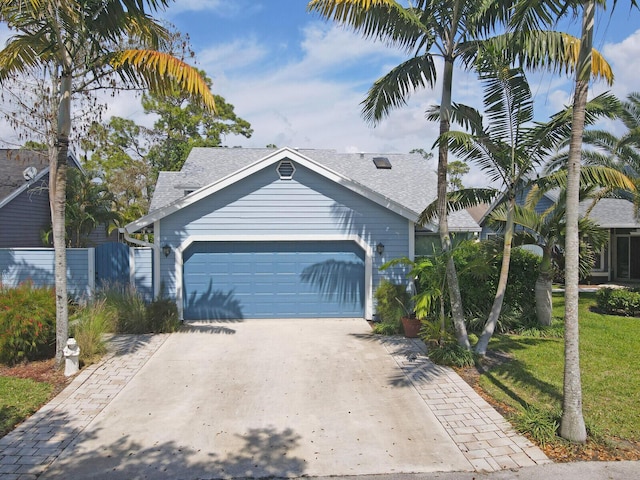 view of front of house featuring a garage, a front yard, roof with shingles, and driveway