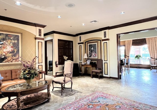 interior space featuring ornamental molding, recessed lighting, visible vents, and baseboards