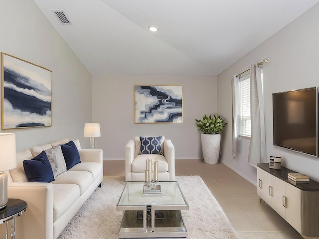 living area featuring light tile patterned floors, baseboards, visible vents, lofted ceiling, and recessed lighting