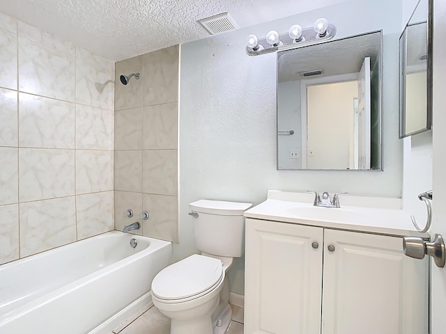 full bath featuring visible vents, toilet, vanity, bathing tub / shower combination, and a textured ceiling