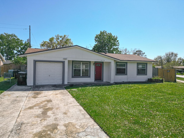 single story home with a garage, driveway, a front lawn, and fence