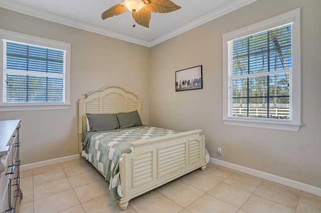 bedroom featuring light tile patterned floors, ornamental molding, multiple windows, and baseboards