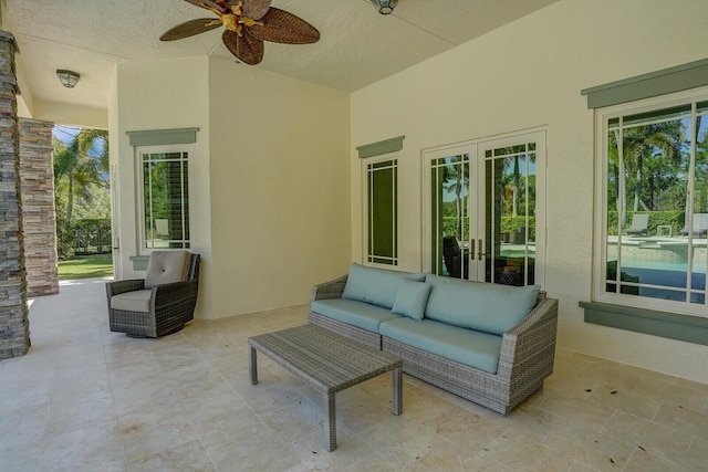 view of patio featuring a ceiling fan, french doors, and outdoor lounge area