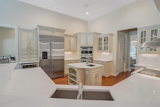 kitchen featuring a kitchen island with sink, a sink, light countertops, appliances with stainless steel finishes, and glass insert cabinets