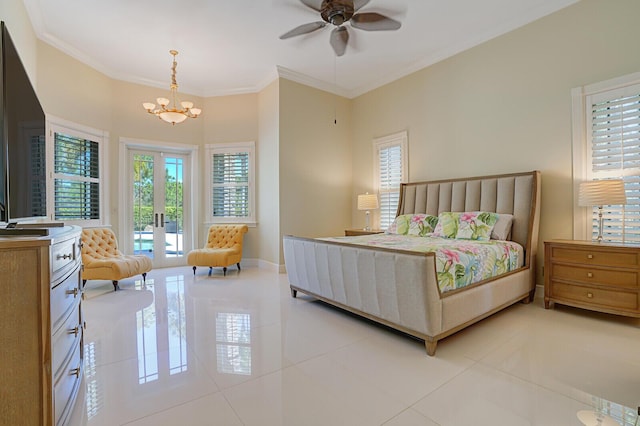 bedroom featuring ornamental molding, french doors, light tile patterned flooring, and baseboards