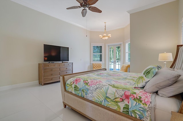 bedroom featuring light tile patterned flooring, ceiling fan with notable chandelier, baseboards, french doors, and crown molding