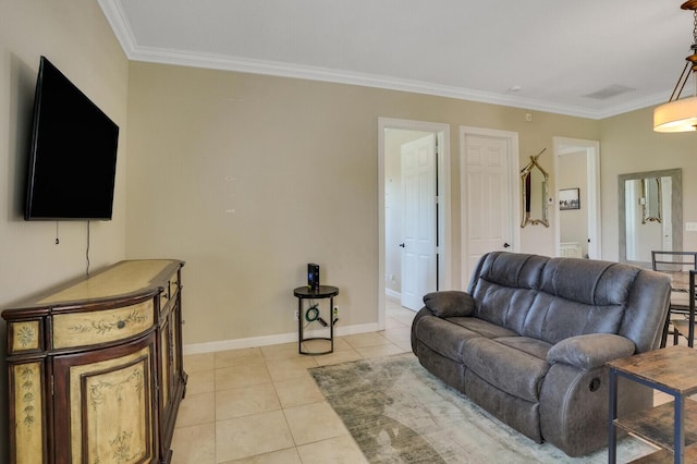 living room featuring light tile patterned floors, baseboards, visible vents, and ornamental molding