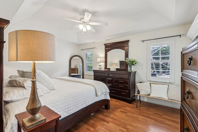 bedroom with wood finished floors, multiple windows, a raised ceiling, and a ceiling fan