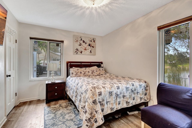 bedroom featuring multiple windows, baseboards, and wood finished floors