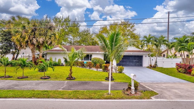 ranch-style home with a garage, driveway, fence, and a front yard