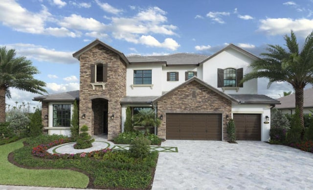 view of front facade featuring an attached garage, stone siding, driveway, and stucco siding