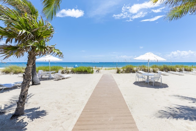 exterior space featuring a beach view