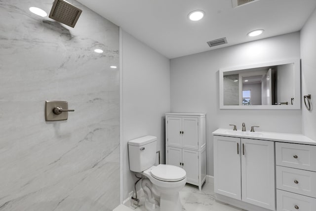 bathroom with marble finish floor, recessed lighting, visible vents, toilet, and vanity