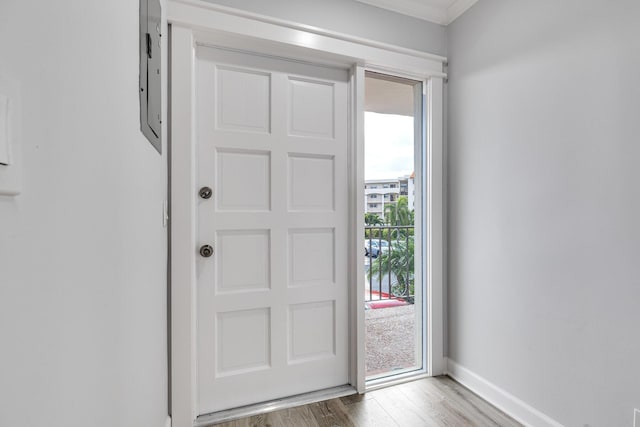 entryway with baseboards and wood finished floors