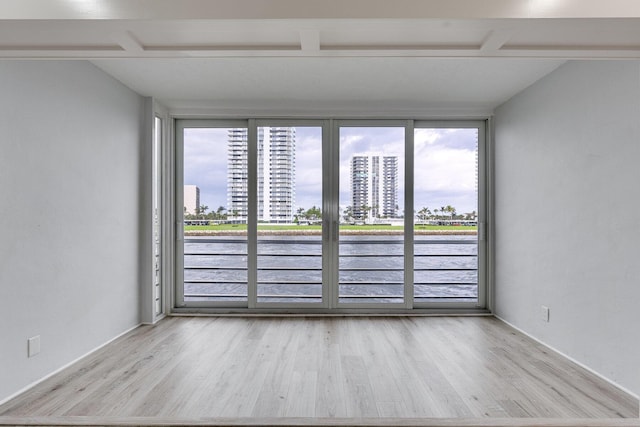 unfurnished room with a view of city, a wealth of natural light, and wood finished floors