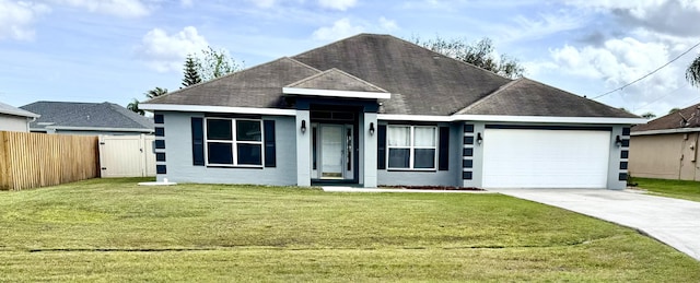 ranch-style home with stucco siding, concrete driveway, a front yard, fence, and a garage