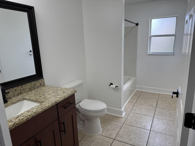 full bath with shower / bath combination, baseboards, toilet, tile patterned floors, and vanity