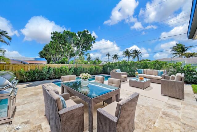 view of patio / terrace featuring an outdoor living space, outdoor dining area, and a fenced backyard