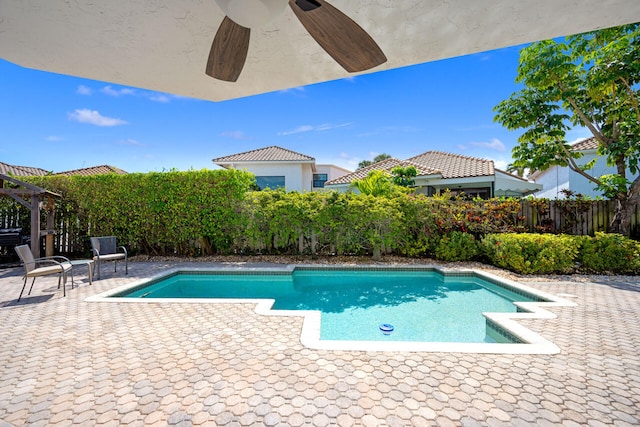 view of pool with a fenced in pool, a fenced backyard, and a patio