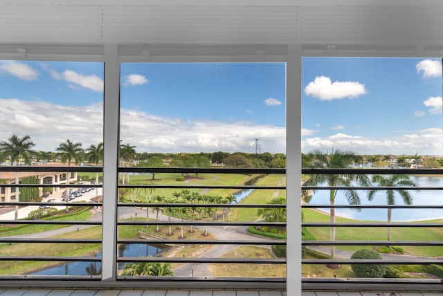 interior space with a water view