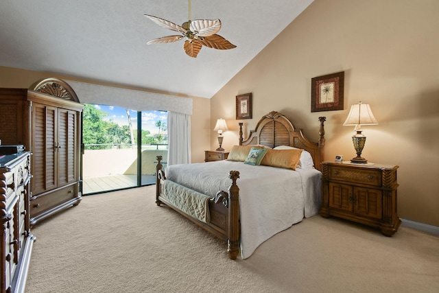 carpeted bedroom with high vaulted ceiling, baseboards, a ceiling fan, and access to outside