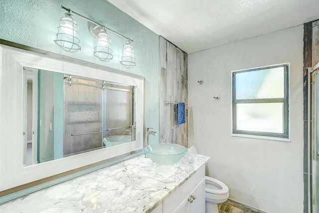 full bath featuring vanity, toilet, a textured wall, and a shower with shower door