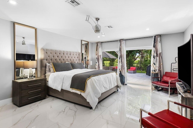 bedroom featuring access to outside, marble finish floor, and visible vents