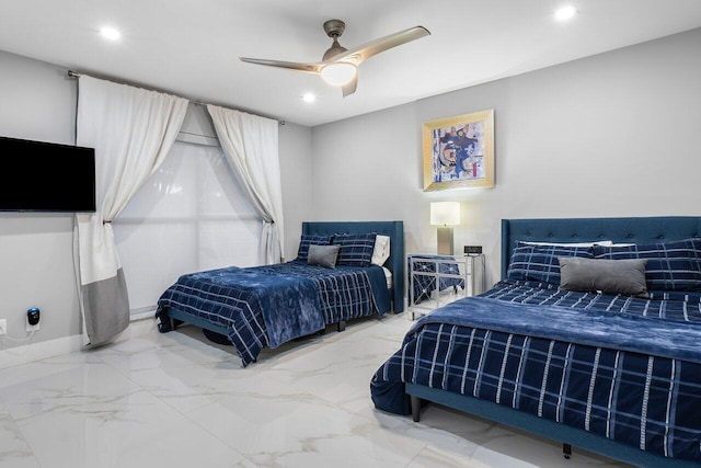 bedroom featuring recessed lighting, marble finish floor, and ceiling fan