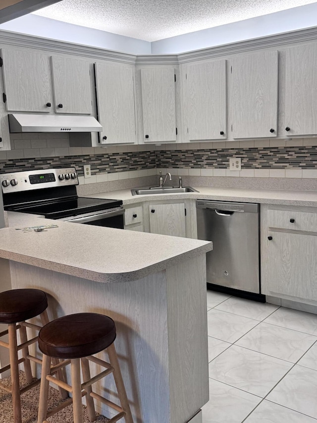 kitchen with a kitchen bar, under cabinet range hood, a sink, stainless steel appliances, and decorative backsplash