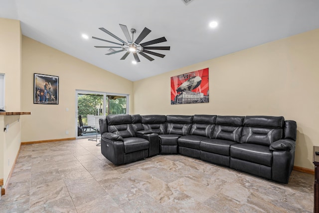 living area featuring high vaulted ceiling, recessed lighting, ceiling fan, and baseboards