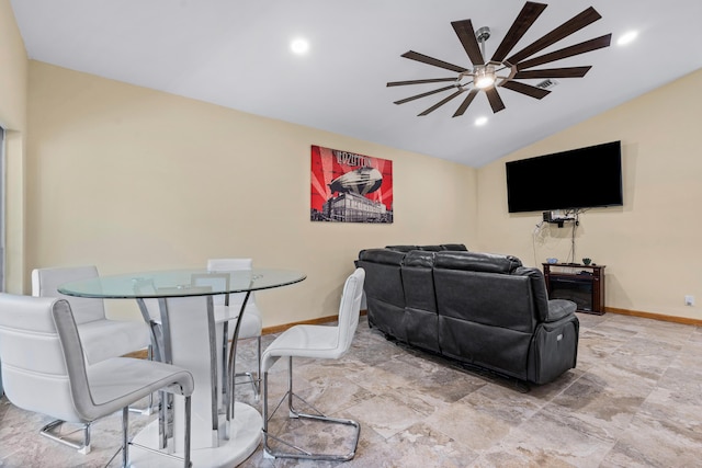 living area with a ceiling fan, recessed lighting, vaulted ceiling, and baseboards