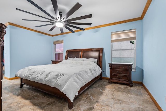 bedroom featuring ornamental molding, stone finish floor, baseboards, and a ceiling fan