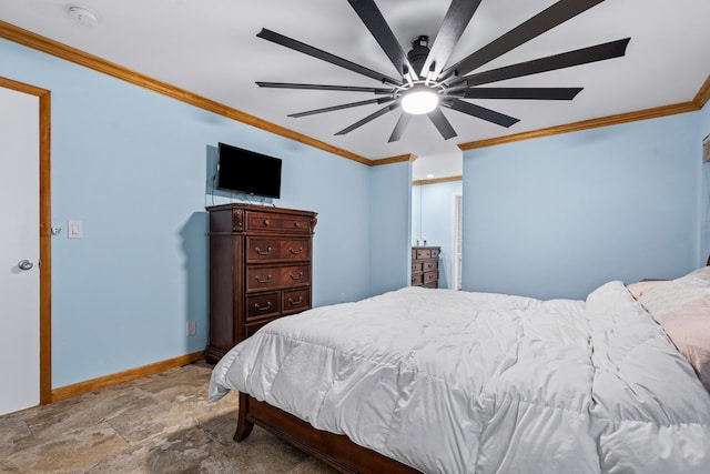 bedroom with baseboards, stone finish flooring, a ceiling fan, and crown molding