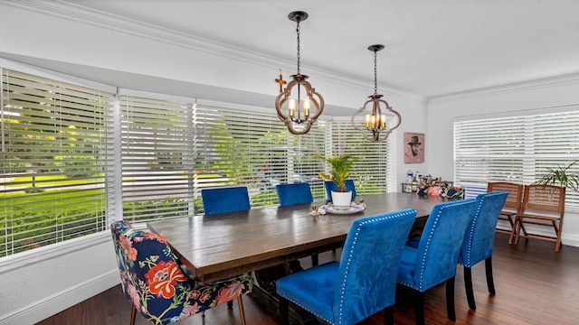 dining room with baseboards, wood finished floors, and crown molding