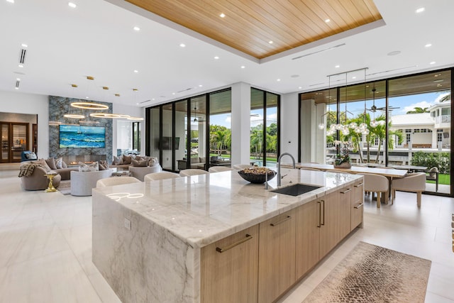 kitchen featuring expansive windows, a sink, modern cabinets, and a raised ceiling