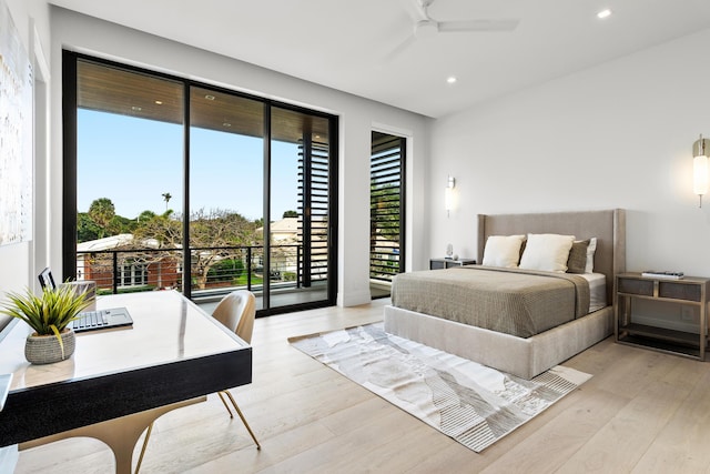 bedroom featuring ceiling fan, access to outside, recessed lighting, and light wood-style floors