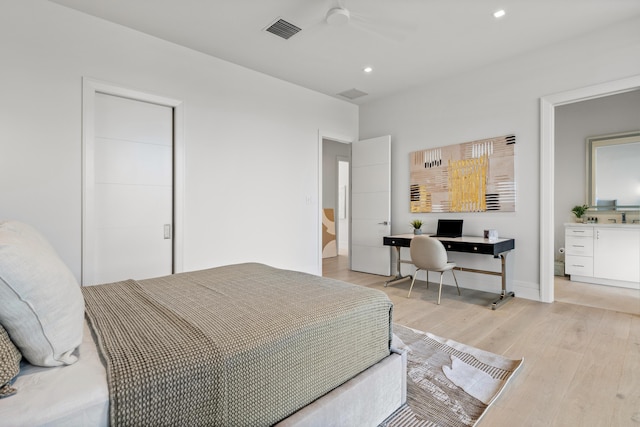 bedroom with light wood-type flooring, visible vents, ceiling fan, and recessed lighting