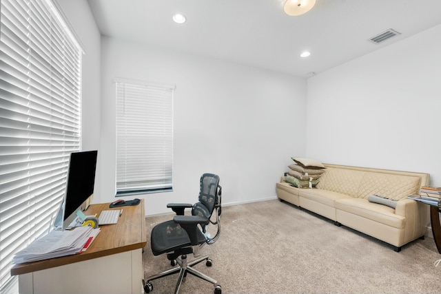 office area with recessed lighting, visible vents, carpet floors, and baseboards