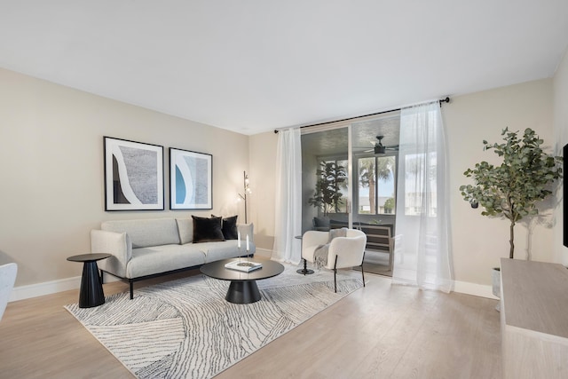 living room featuring light wood finished floors and baseboards