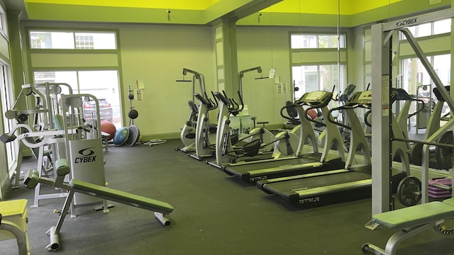 workout area with a towering ceiling