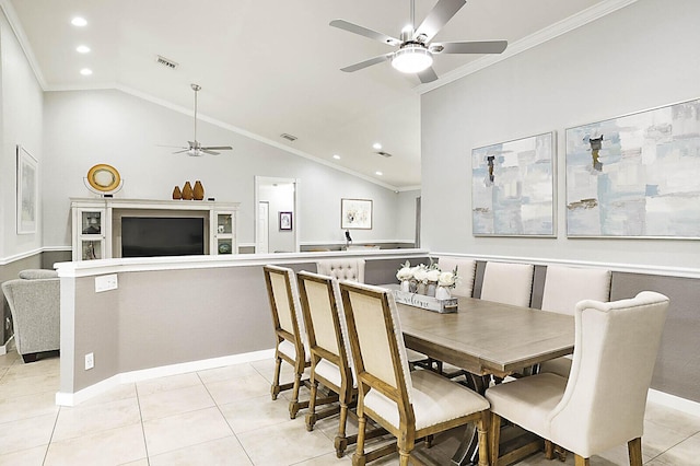 2045 NW 127th Ter, Coral Springs, FL 33071 - dining room with lofted ceiling, recessed lighting, ornamental molding, light tile patterned flooring, and a ceiling fan
