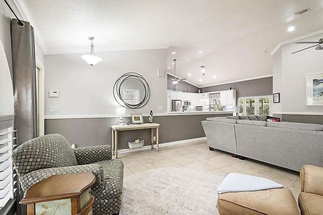 2045 NW 127th Ter, Coral Springs, FL 33071 - living area featuring light tile patterned flooring, crown molding, a ceiling fan, lofted ceiling, and visible vents