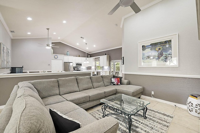 2045 NW 127th Ter, Coral Springs, FL 33071 - living room featuring light tile patterned flooring, lofted ceiling, ceiling fan, and crown molding